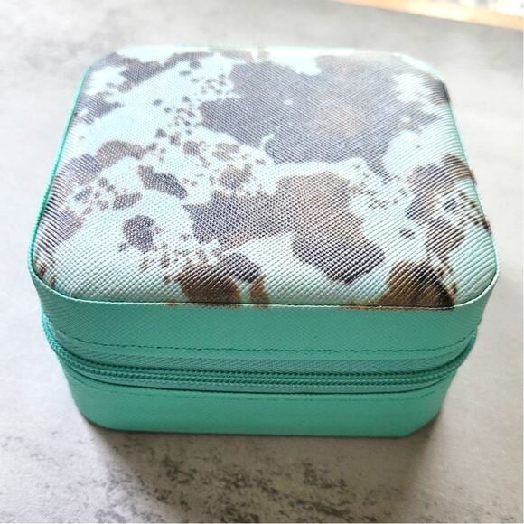Brown Turquoise Cow Print Square Jewelry Case - Picture 2 of 6